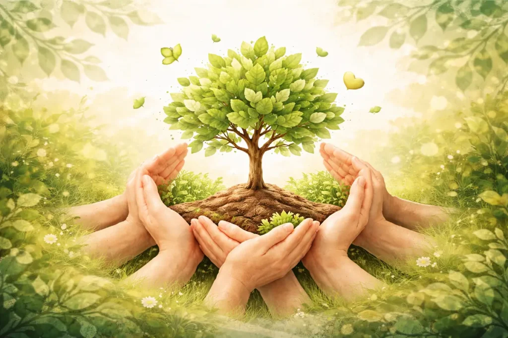 Hænder støtter et voksende træ